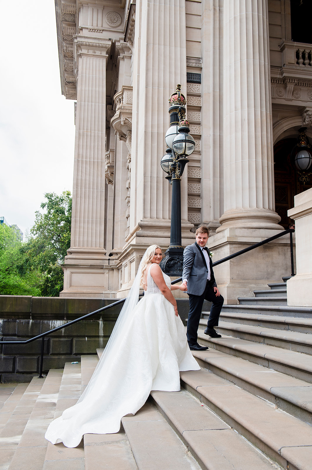 Wedding photo at Parliament steps in Melbourne