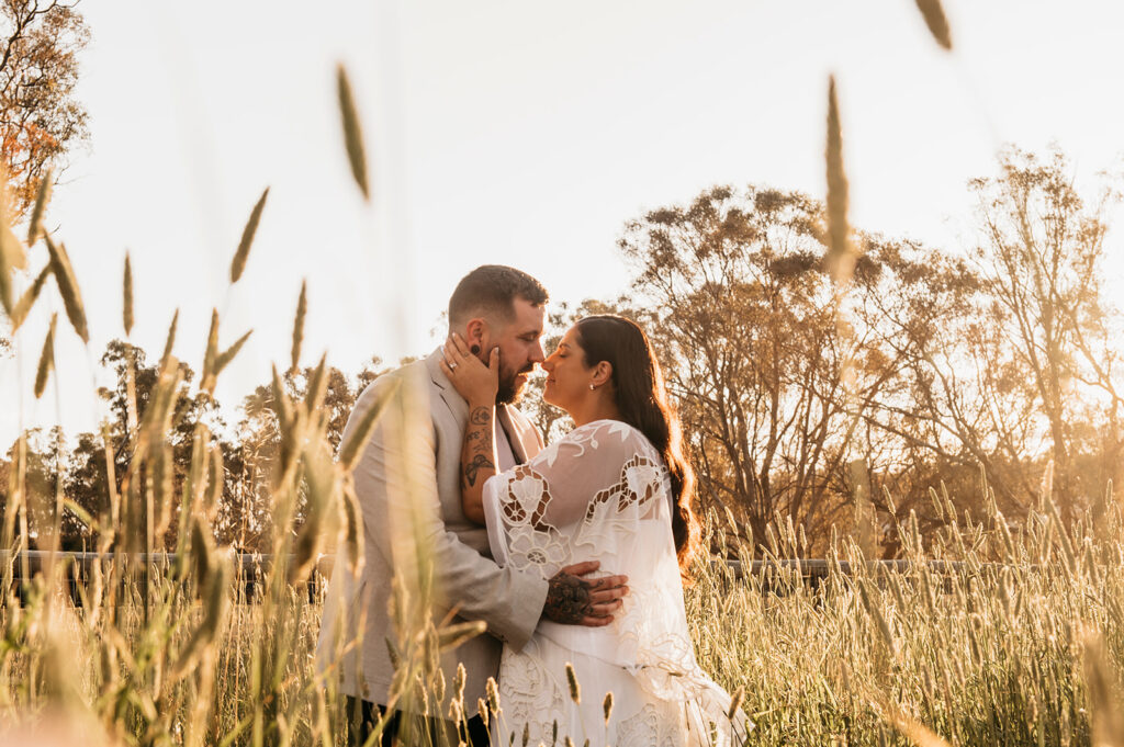 Sunset photo with bride and groom at Ravenswood Homestead