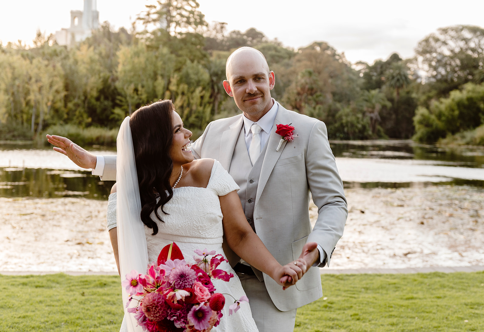Bride and groom during sunset at the Terrace in Melbourne